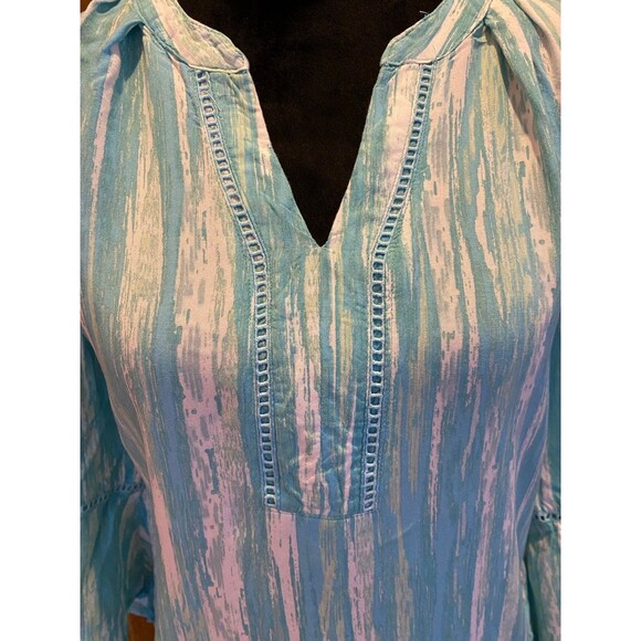 Gloria Vanderbilt Green & White Large Striped  Boho Peasant  Bell Sleeve Blouse - Picture 3 of 11